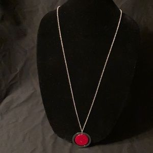 Silver Tone Necklace/ Red Pendant